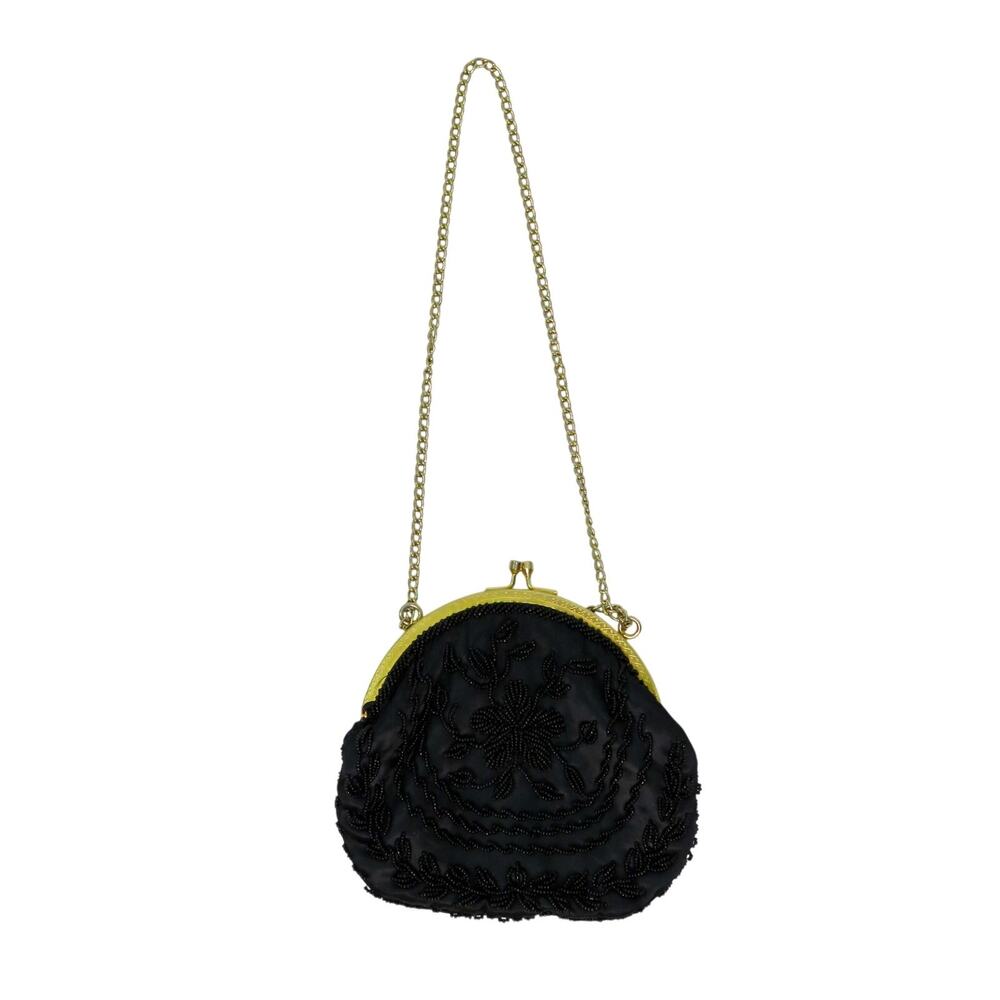 1970s Vintage Black Beaded Evening Bag Gold Chain Purse Floral Embellished